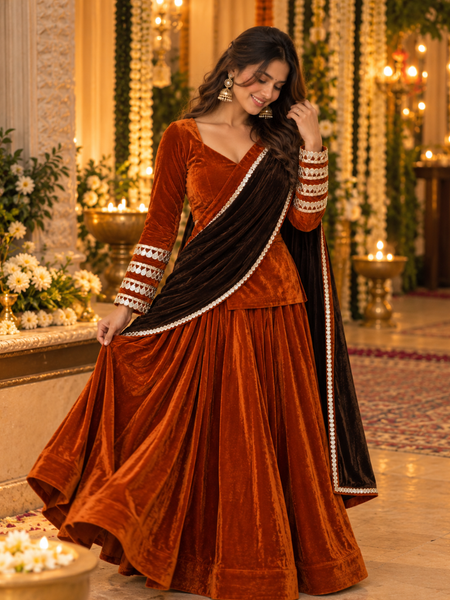 Rust Orange Velvet Lehenga Set with Dark Brown Dupatta (LEHRUSTRAJNI)