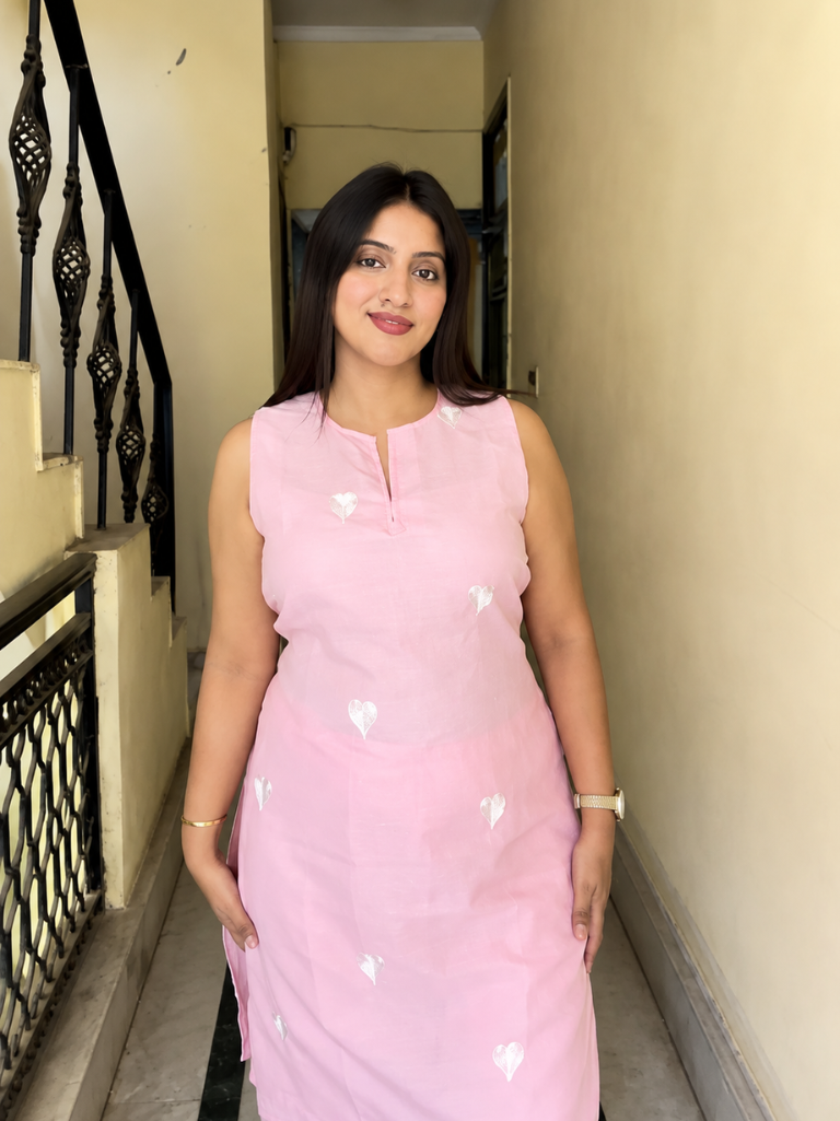 Blush Pink Embroidered Cotton Kurta & Straight Pant Co-Ord Set