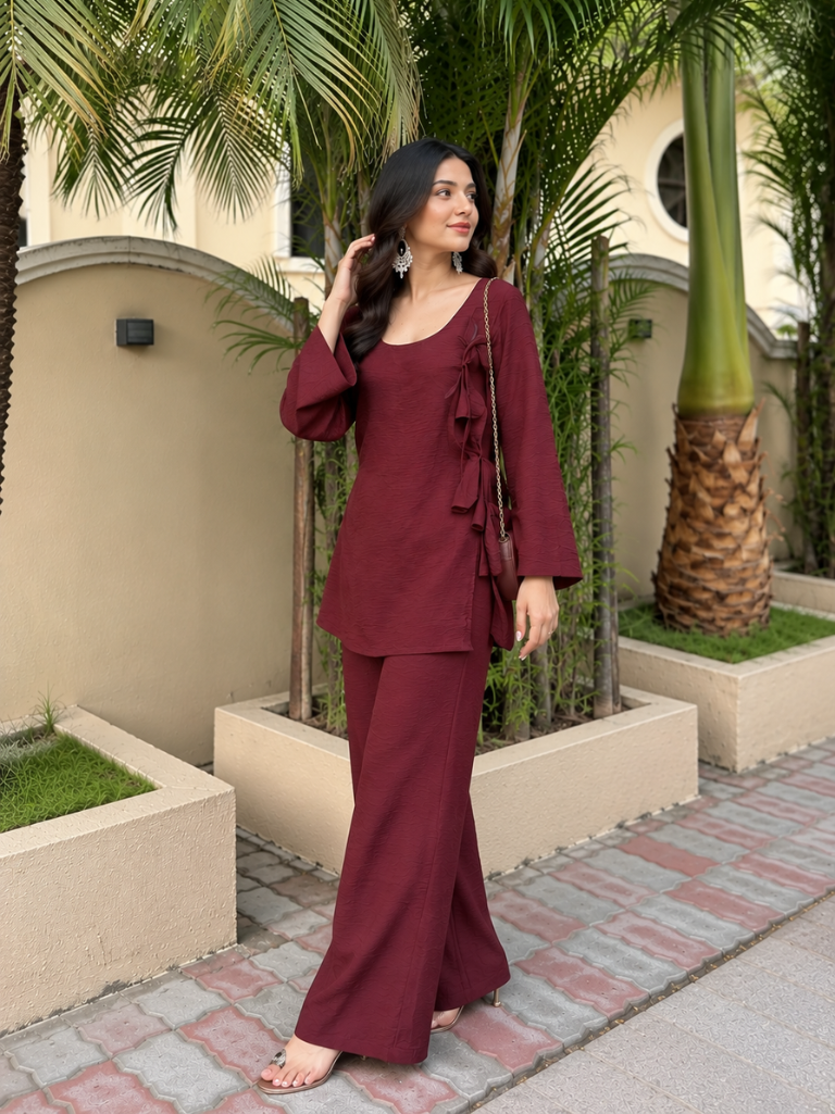 Maroon Rayon Relaxed Co-Ord Set with Wide-Leg Pants(KPMAROONSUVIRA)