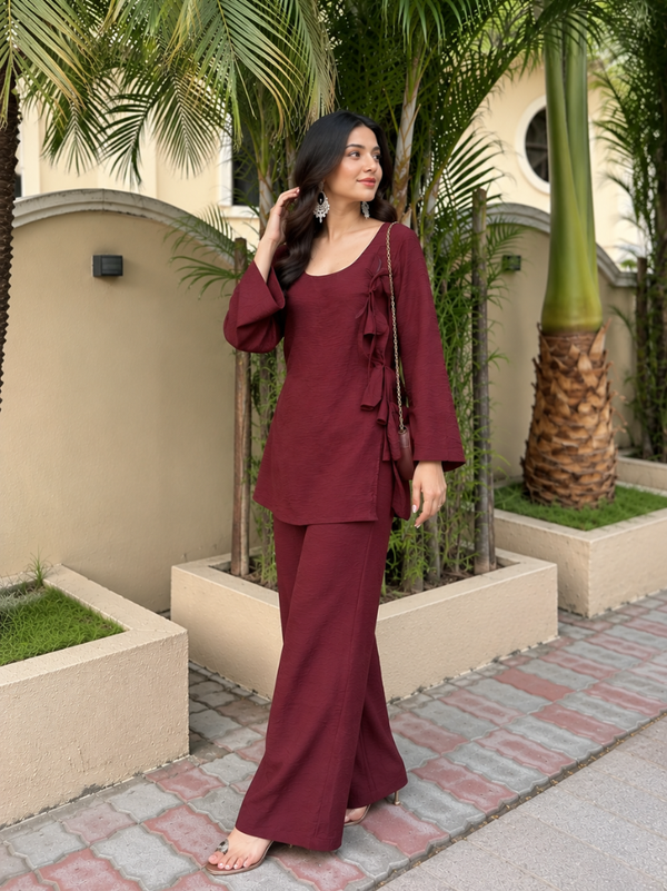 Maroon Rayon Relaxed Co-Ord Set with Wide-Leg Pants(KPMAROONSUVIRA)