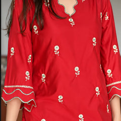 Red Floral Embroidered Kurta Palazzo Set with Aqua Blue Dupatta (KSDREDFSPAIN)