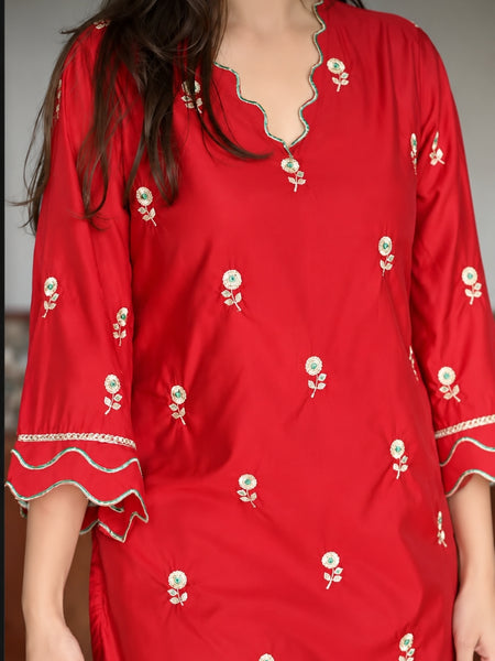Red Floral Embroidered Kurta Palazzo Set with Aqua Blue Dupatta (KSDREDFSPAIN)