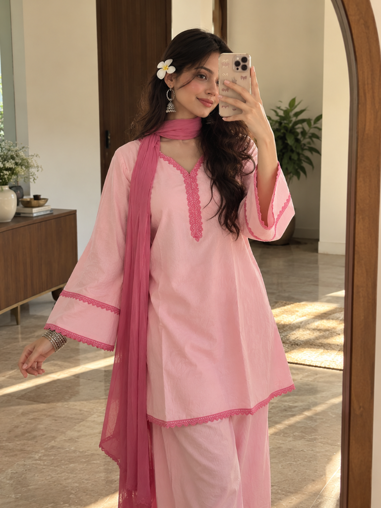 Baby Pink Cotton Kurta Salwar Set with Rose Pink Chiffon Dupatta (KSDBLUSHCOOPER )