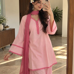 Baby Pink Cotton Kurta Salwar Set with Rose Pink Chiffon Dupatta (KSDBLUSHCOOPER )