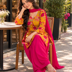 Mustard Yellow Floral Cotton Kurta Set with Rani Pink Dhoti Salwar & Chiffon Dupatta (KSDYELLOWLEMON)