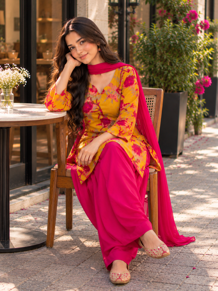 Mustard Yellow Floral Cotton Kurta Set with Rani Pink Dhoti Salwar & Chiffon Dupatta (KSDYELLOWLEMON)