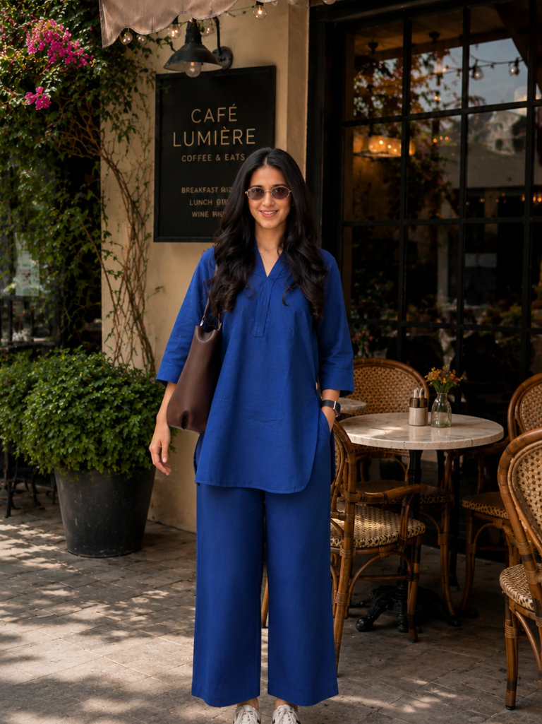 Navy Blue Solid Cotton Co-Ord Set for Women