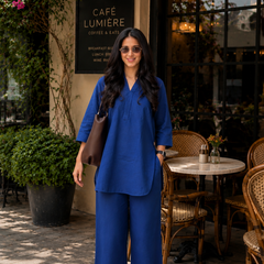 Navy Blue Solid Cotton Co-Ord Set for Women
