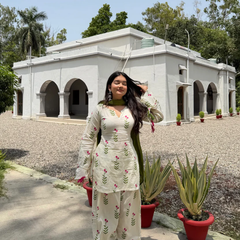 Off White Floral Printed Cotton Kurta Palazzo Set with Olive Green Dupatta