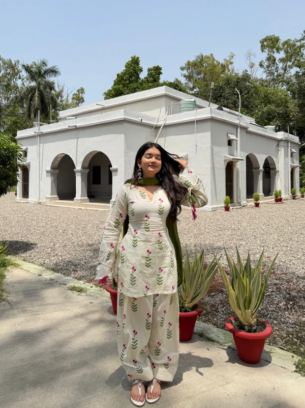 Off White Floral Printed Cotton Kurta Palazzo Set with Olive Green Dupatta