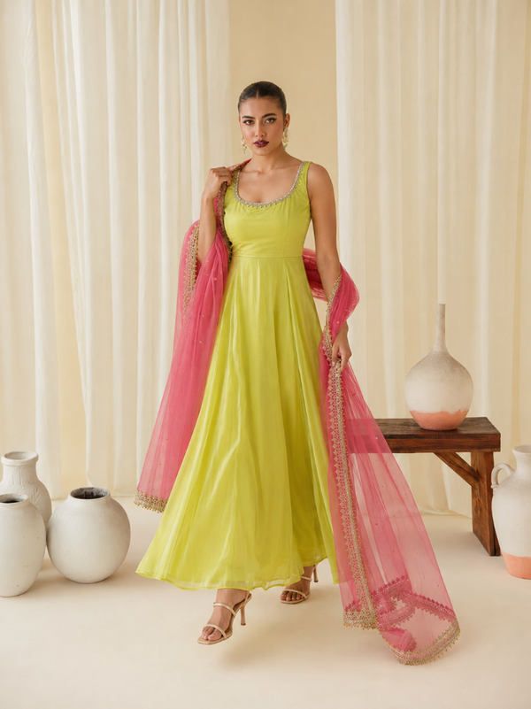 Lime Green Embellished Anarkali Suit Set for Women (KPDGREENMASTANI)