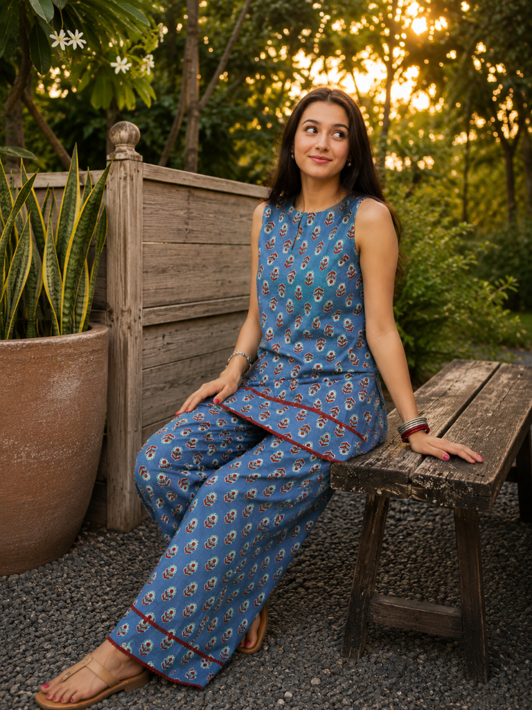 Blue Pure Cotton Printed Round Neck Sleeveless Hip Length Straight Kurta Farshi Salwar And Dupatta Set