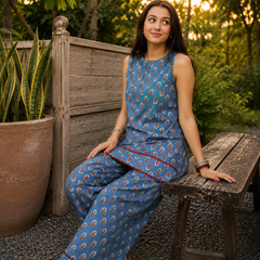 Blue Pure Cotton Printed Round Neck Sleeveless Hip Length Straight Kurta Farshi Salwar And Dupatta Set