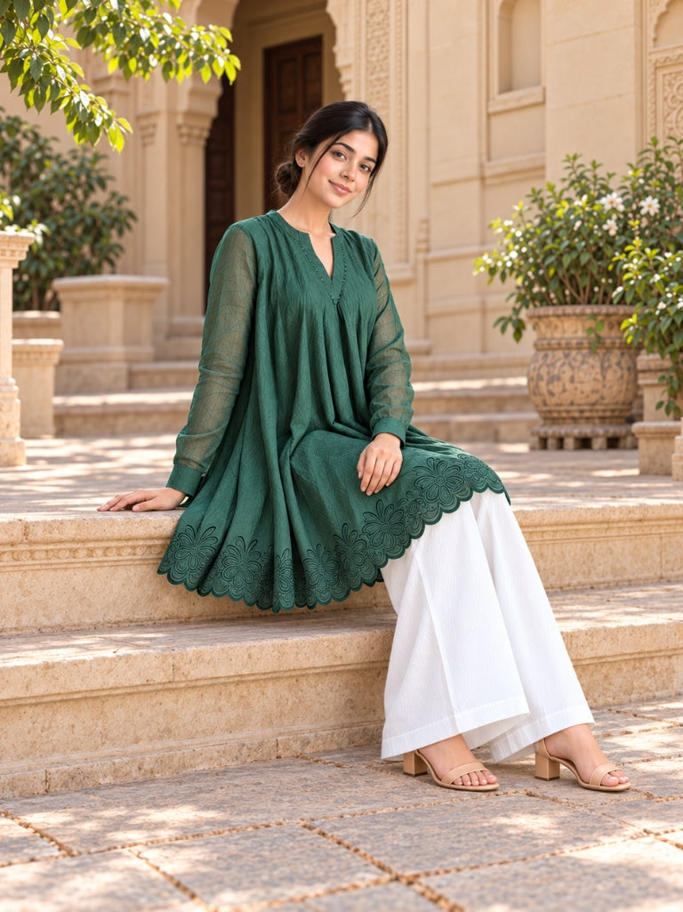 Bottle Green Floral Embroidered Flared Kurta with White Palazzo Pants Set(KSGREENMEETU )