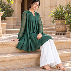 Bottle Green Floral Embroidered Flared Kurta with White Palazzo Pants Set(KSGREENMEETU )