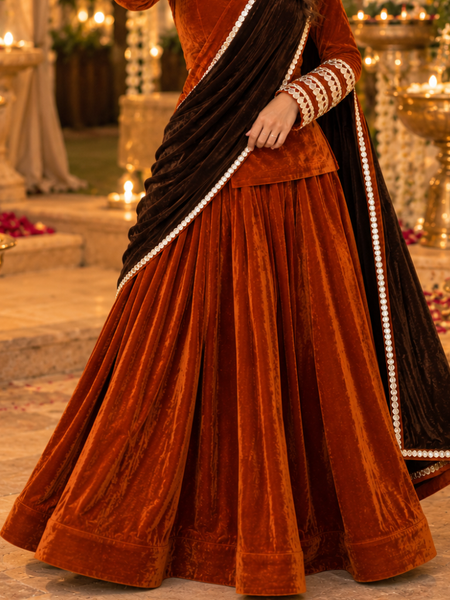 Rust Orange Velvet Lehenga Set with Dark Brown Dupatta (LEHRUSTRAJNI)