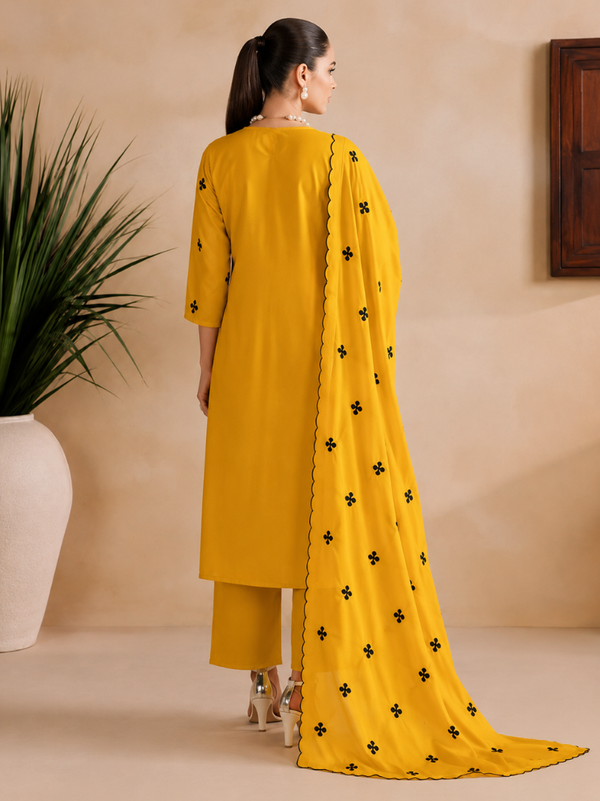 Mustard Yellow Embroidered Kurta Pant Set with Dupatta (KPDYELLOWGEETAN)