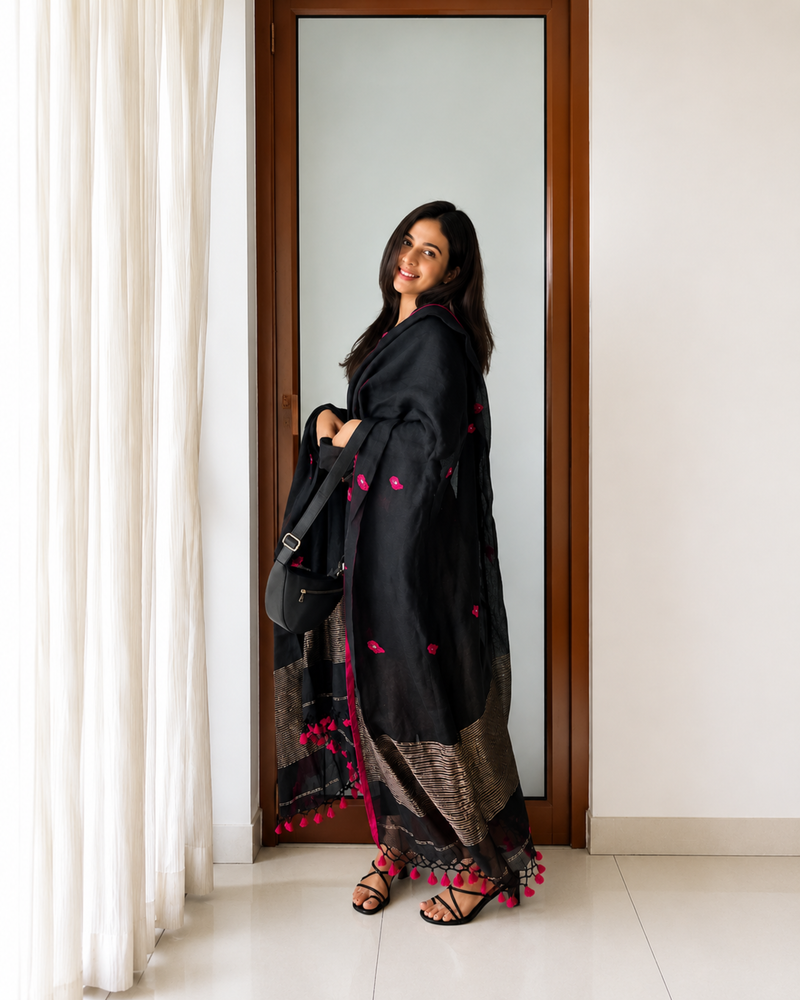 Midnight Bloom Black Chanderi Suit Set with Dupatta