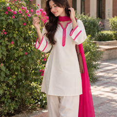 Off-White Cotton Blend Kurta Salwar Set with Hot Pink Chiffon Dupatta (KSDCREAMSWITCH)