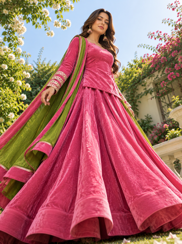 Rani Pink Velvet Lehenga Set with Lime Green Dupatta (LEHPINKRAJNI)