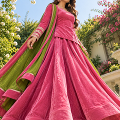 Rani Pink Velvet Lehenga Set with Lime Green Dupatta (LEHPINKRAJNI)