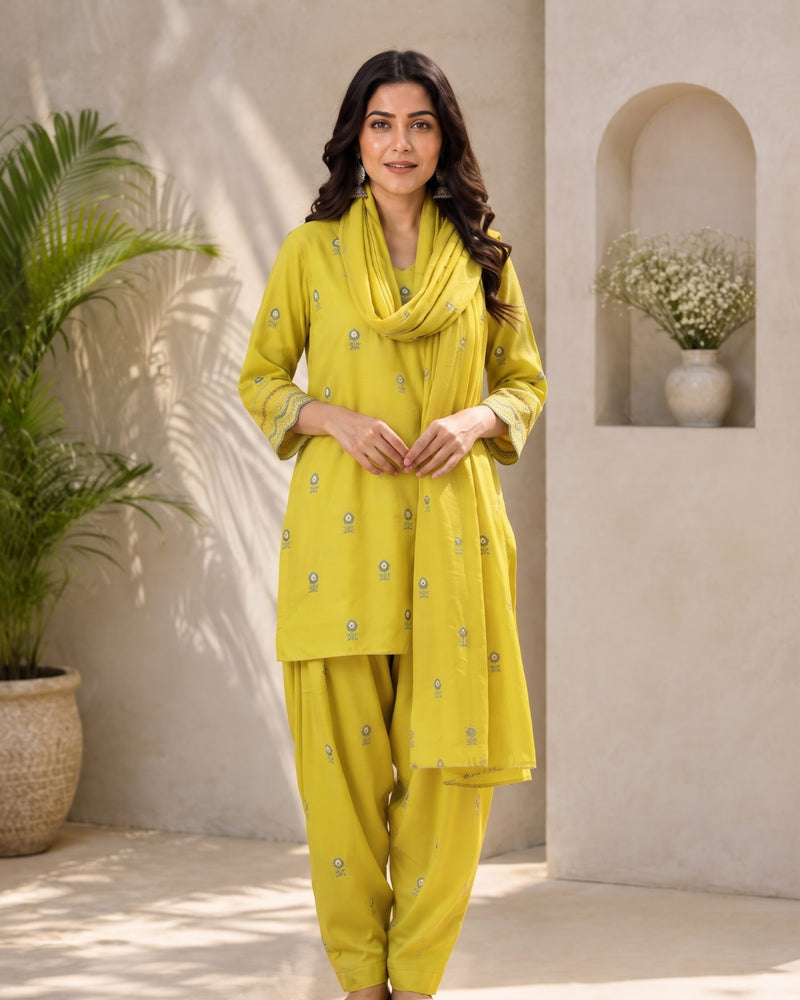 Mustard Embroidered Kurta Set