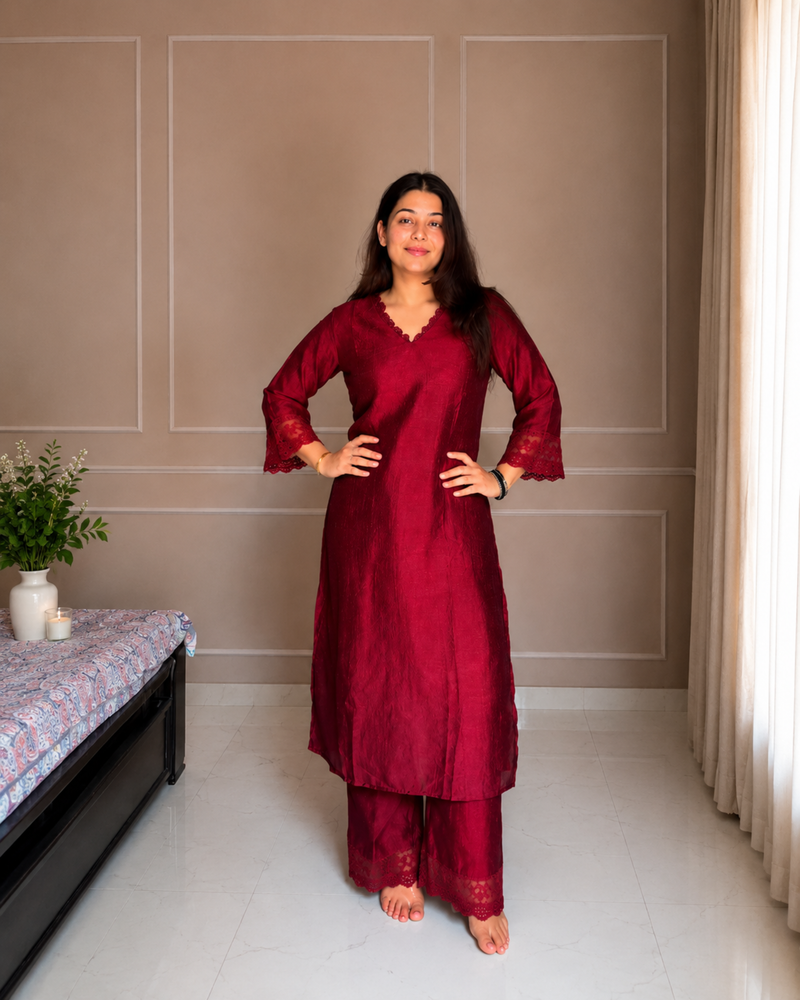 Stylum Women's Embroidered Kurta Set with Sheer Lace Dupatta