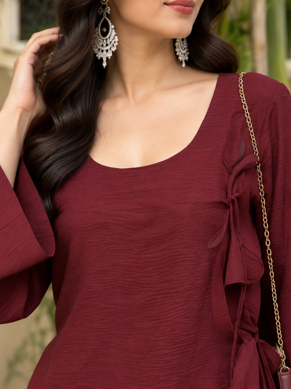 Maroon Rayon Relaxed Co-Ord Set with Wide-Leg Pants(KPMAROONSUVIRA)