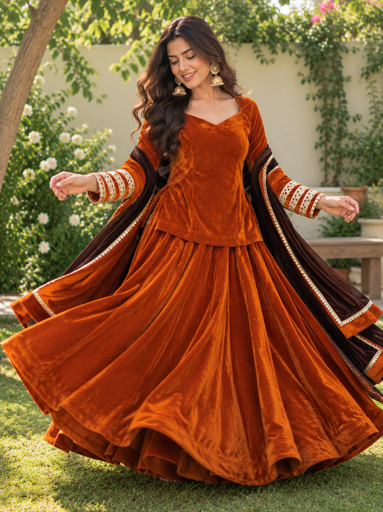 Rust Orange Velvet Lehenga Set with Dark Brown Dupatta (LEHRUSTRAJNI)