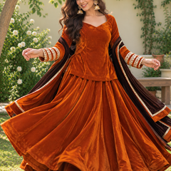 Rust Orange Velvet Lehenga Set with Dark Brown Dupatta (LEHRUSTRAJNI)