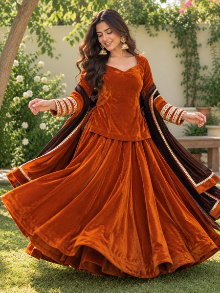 Rust Orange Velvet Lehenga Set with Dark Brown Dupatta (LEHRUSTRAJNI)