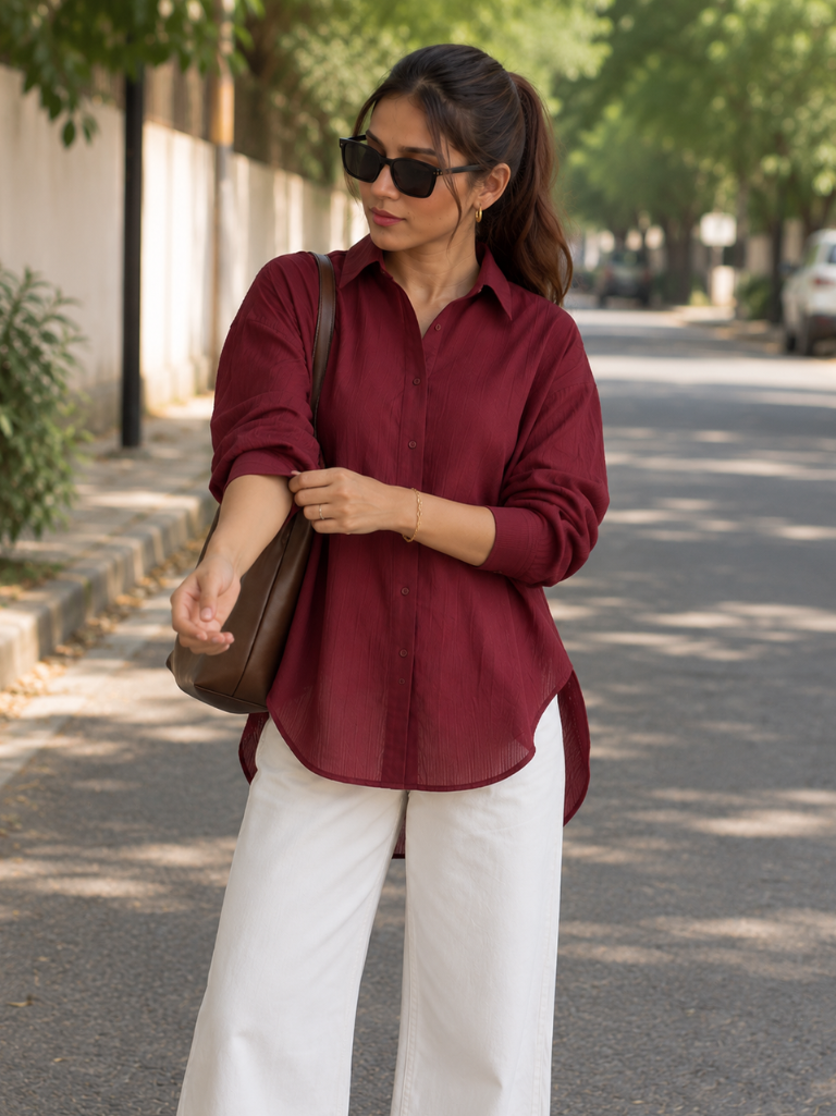 Women’s Maroon Solid Relaxed Fit Full Sleeve Shirt
