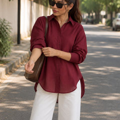 Women’s Maroon Solid Relaxed Fit Full Sleeve Shirt
