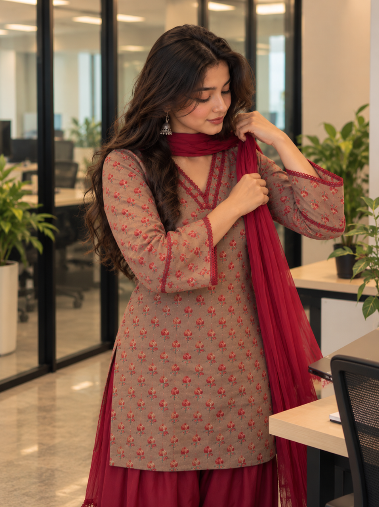 Taupe Floral Cotton Kurta Set with Maroon Rayon Salwar & Chiffon Dupatta (KSDREAPAAR)