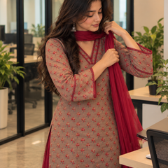 Taupe Floral Cotton Kurta Set with Maroon Rayon Salwar & Chiffon Dupatta (KSDREAPAAR)
