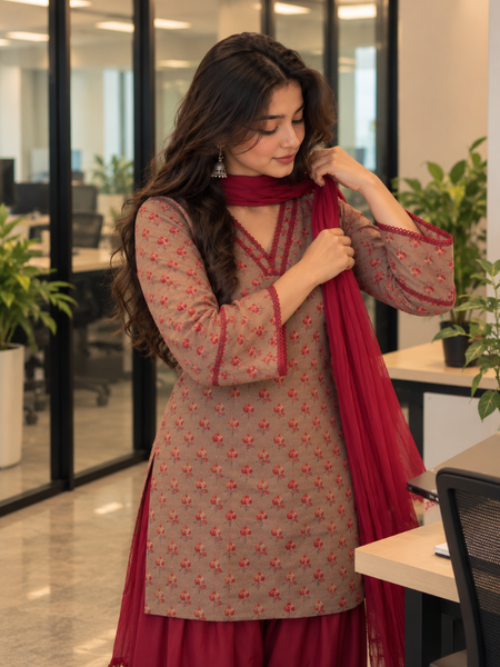 Taupe Floral Cotton Kurta Set with Maroon Rayon Salwar & Chiffon Dupatta (KSDREAPAAR)