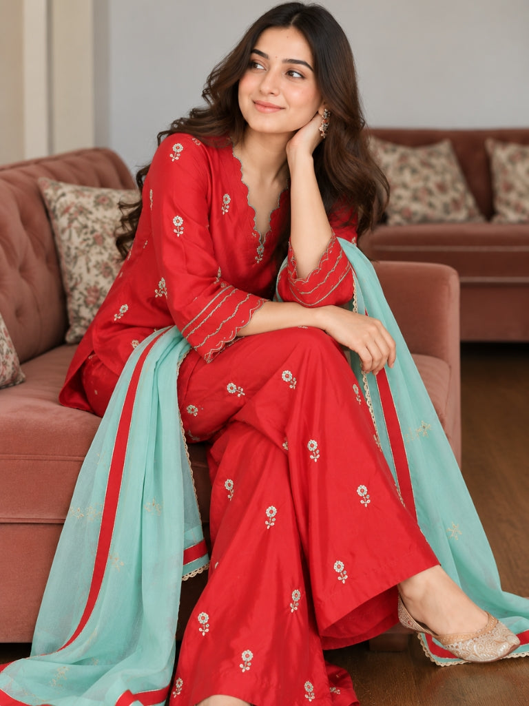 Red Floral Embroidered Kurta Palazzo Set with Aqua Blue Dupatta (KSDREDFSPAIN)