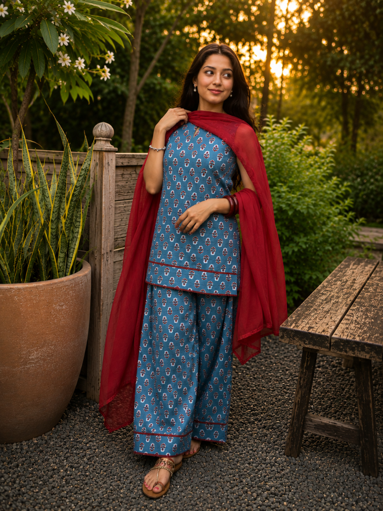 Blue Pure Cotton Printed Round Neck Sleeveless Hip Length Straight Kurta Farshi Salwar And Dupatta Set