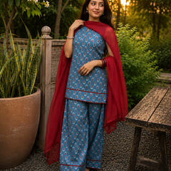 Blue Pure Cotton Printed Round Neck Sleeveless Hip Length Straight Kurta Farshi Salwar And Dupatta Set