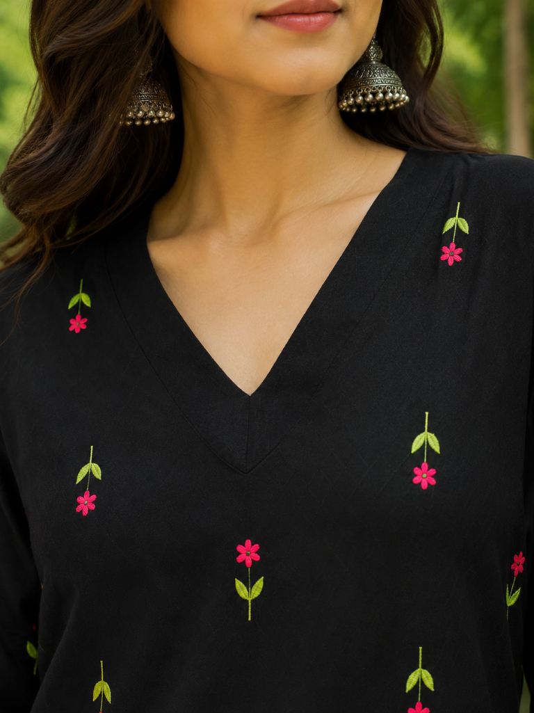 Black Floral Embroidered V-Neck Kurta with Pink Palazzo Set for Women