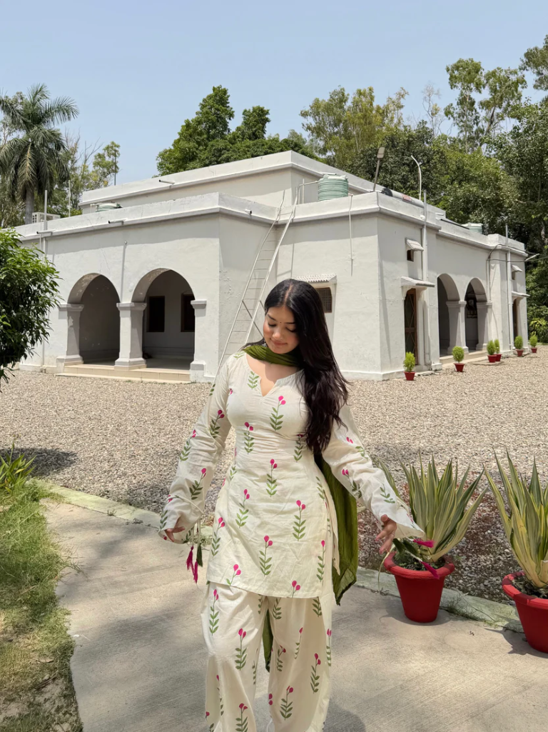 Off White Floral Printed Cotton Kurta Palazzo Set with Olive Green Dupatta
