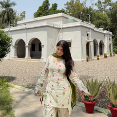 Off White Floral Printed Cotton Kurta Palazzo Set with Olive Green Dupatta