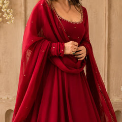 Maroon Embellished Anarkali Suit Set with Dupatta