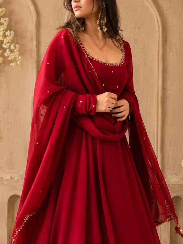Maroon Embellished Anarkali Suit Set with Dupatta