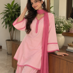 Baby Pink Cotton Kurta Salwar Set with Rose Pink Chiffon Dupatta (KSDBLUSHCOOPER )