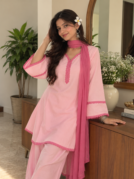 Baby Pink Cotton Kurta Salwar Set with Rose Pink Chiffon Dupatta (KSDBLUSHCOOPER )