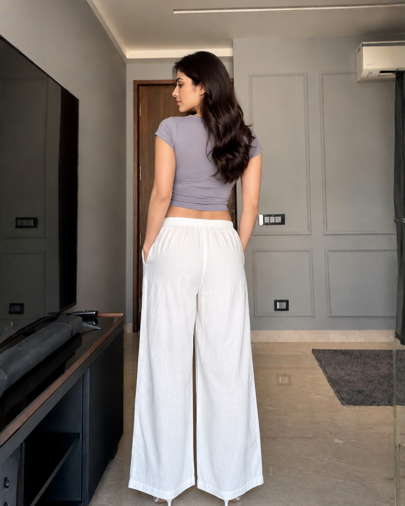 Women's White Linen Blend Wide-Leg Pants with Drawstring Waist & Pockets