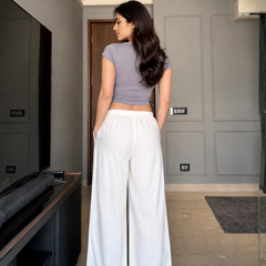 Women's White Linen Blend Wide-Leg Pants with Drawstring Waist & Pockets