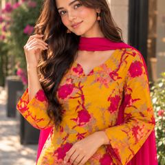 Mustard Yellow Floral Cotton Kurta Set with Rani Pink Dhoti Salwar & Chiffon Dupatta (KSDYELLOWLEMON)