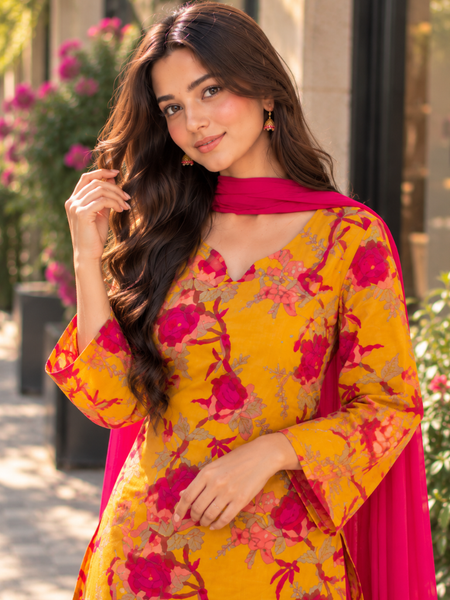 Mustard Yellow Floral Cotton Kurta Set with Rani Pink Dhoti Salwar & Chiffon Dupatta (KSDYELLOWLEMON)